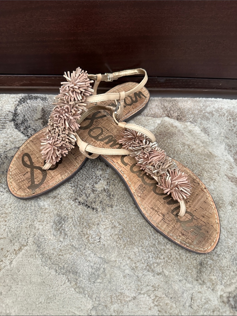 Sam Edelman Rose Gold Pom Pom T-Strap Sandals